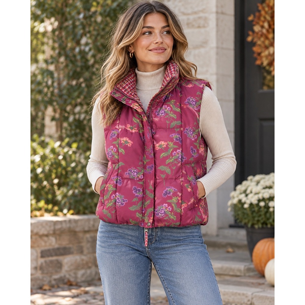Sundance Tundra Bloom Reversible Puffer Vest Hooded Floral Houndstooth XXL